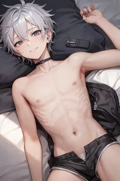 cheeky handsome boy　silver hair　cat eyes　piercings in both ears　Short sleeve shorts　illustration style　Slender body　naughty smile　lying down