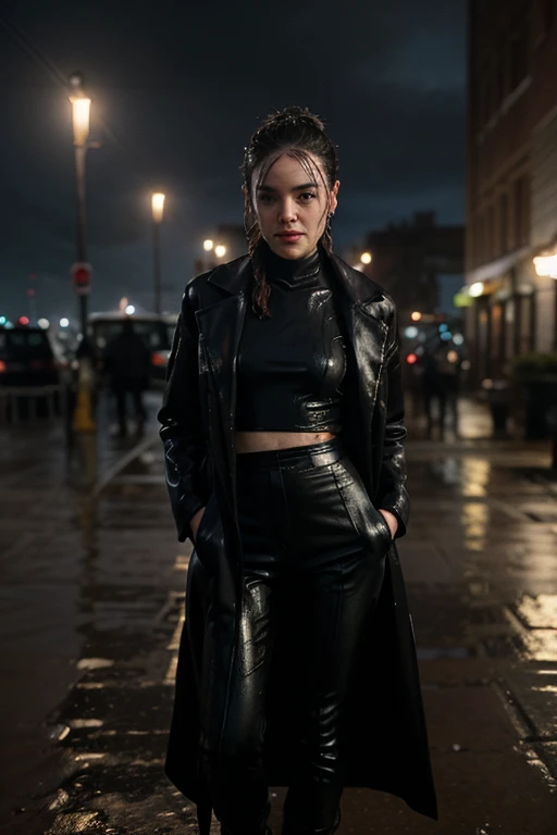 Daisy Ridley, full body, thin waist, wearing an all-black outfit with Selenes overcoat from the film Underworld. She is in a heroic position, looking to the side with an ironic, villainous smile, her hair identical to Rey Skywalkers. She is in a city at ni...