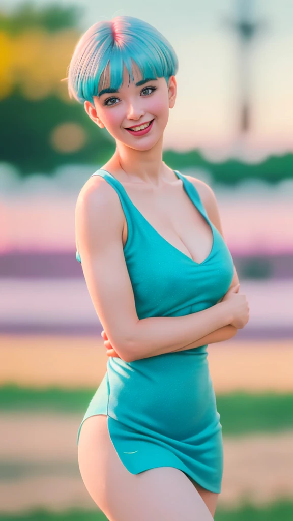 (Ultra realistic 16k), (extremely complex:1.3), (realistic), very white girl, seductive face, happy smile, blushing cheeks, sexy hot, short cyan blue hair, red dress, pale skin, open arms, sexy cleavage, narrow waist, hot hips, beautiful hot legs, 25 years...