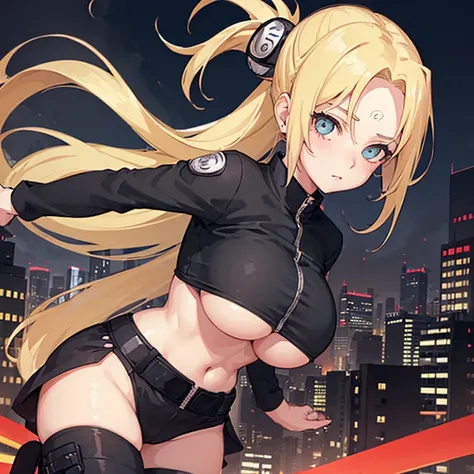 ((1Girl)), ((Softly pinned Half Up do)), Blonde hair, Exaggerated Body, Sexy, Black shirt,((city background)), Tsunade,((Naruto series)), ((big boobs))