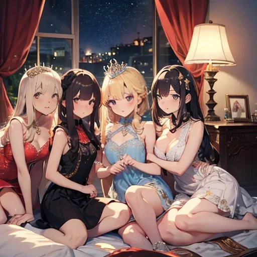 A group of young princesses, (in bedroom), various hair styles, harem, wearing royal dress, night, details face, , short skirt, seducing, sleeveless , showing armpits, night, starry night