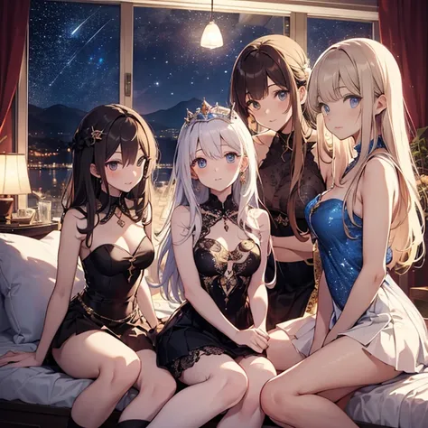 A group of young princesses, (in bedroom), various hair styles, harem, wearing royal dress, night, details face, , short skirt, seducing, sleeveless , showing armpits, night, starry night