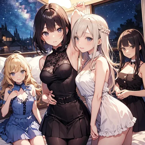 A group of young princesses, (in bedroom), various hair styles, harem, wearing royal dress, night, details face, , short skirt, seducing, sleeveless , showing armpits, night, starry night