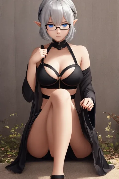 Shoulder Bob　silver hair　bob hairストレートヘア　Silver-haired, blue-eyed elf　I want to be a powerhouse behind the scenes.　beta　Qiyin　Black-rimmed round glasses　big breasts　black costume　In awe of Shadow、Each and every event is a unique heroic tale「Shadow-sama&#39...