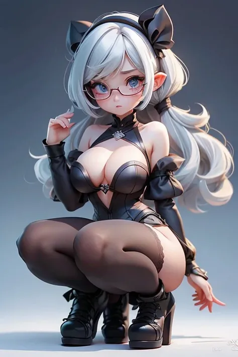 Shoulder Bob　silver hair　bob hairストレートヘア　Silver-haired, blue-eyed elf　I want to be a powerhouse behind the scenes.　beta　Qiyin　Black-rimmed round glasses　big breasts　black costume　In awe of Shadow、Each and every event is a unique heroic tale「Shadow-sama&#39...