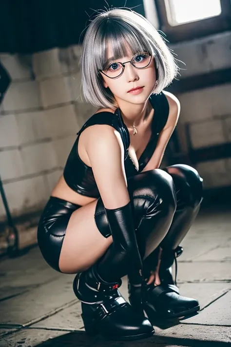 Shoulder Bob　silver hair　bob hairストレートヘア　Silver-haired, blue-eyed elf　I want to be a powerhouse behind the scenes.　beta　Qiyin　Black-rimmed round glasses　big breasts　black costume　In awe of Shadow、Each and every event is a unique heroic tale「Shadow-sama&#39...