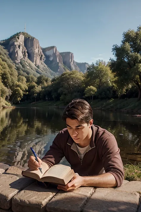 Joven estudiando la biblia en un paisaje hermosa estilo Disney Pixar