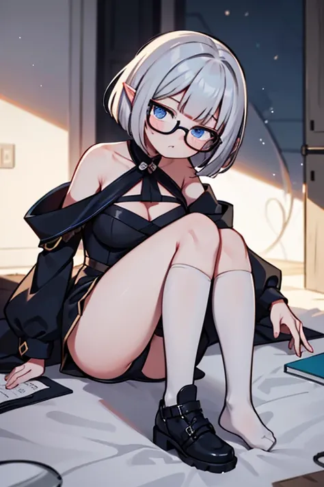 Shoulder Bob　silver hair　bob hairストレートヘア　Silver-haired, blue-eyed elf　I want to be a powerhouse behind the scenes.　beta　Qiyin　Black-rimmed round glasses　big breasts　black costume　In awe of Shadow、Each and every event is a unique heroic tale「Shadow-sama&#39...