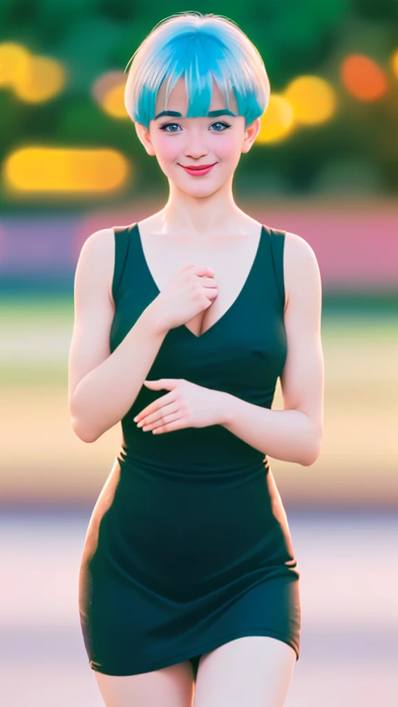 (Ultra realistic 16k), (extremely complex:1.3), (realistic), very white tall girl, seductive face, happy eyes, blushing cheeks, beautiful smile, sexy hot, short cyan blue hair, red dress, pale skin, sexy cleavage, narrow waist, hot hips, beautiful hot legs...