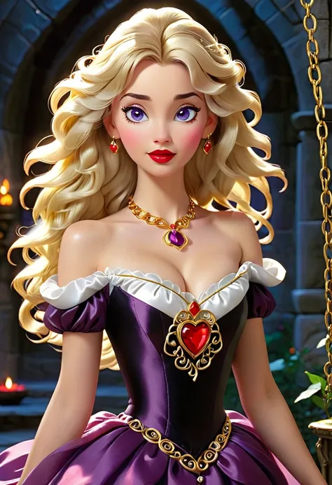 (( Odette also known as the Swan Princess)) in the ((animated movie created by Walt Disney)) Is a  Slender, beautiful, fair skin, Woman with ((amethyst eyes)) ((long shiny blonde, bouncy,curly hair that reaches  pass her back)) ((wavy bangs swept to one si...