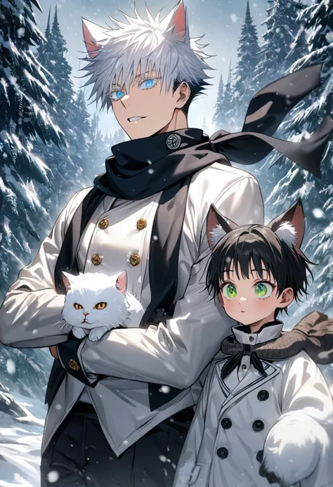 Ultra detailed, highres, absurdres, HDR, Gojou Satoru, white hair with bangs, blue eyes, white eyelashes, white cat ears, black round sunglasses, butler clothes, Jujutsu Kaisen, Fushiguro Megumi as a kid, green eyes, black hair, black scarf, white winter j...