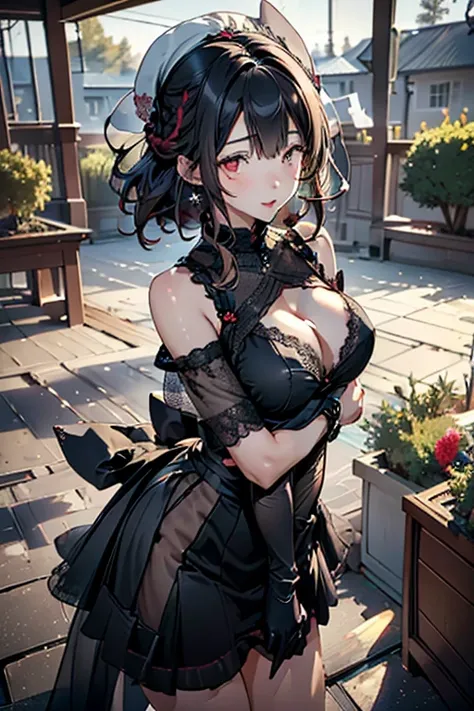  22 years old, (milf:0.8), (solo:1.5), (sfw:1.25), cute breast, beautiful breasts, medium tits, thin waist, big ass:1.0, Raised sexy, (dark mahogany medium short hair, updo, hair band, red eyes, light smile, big , Revimpling fabric, earrings, Hand gloves, ...