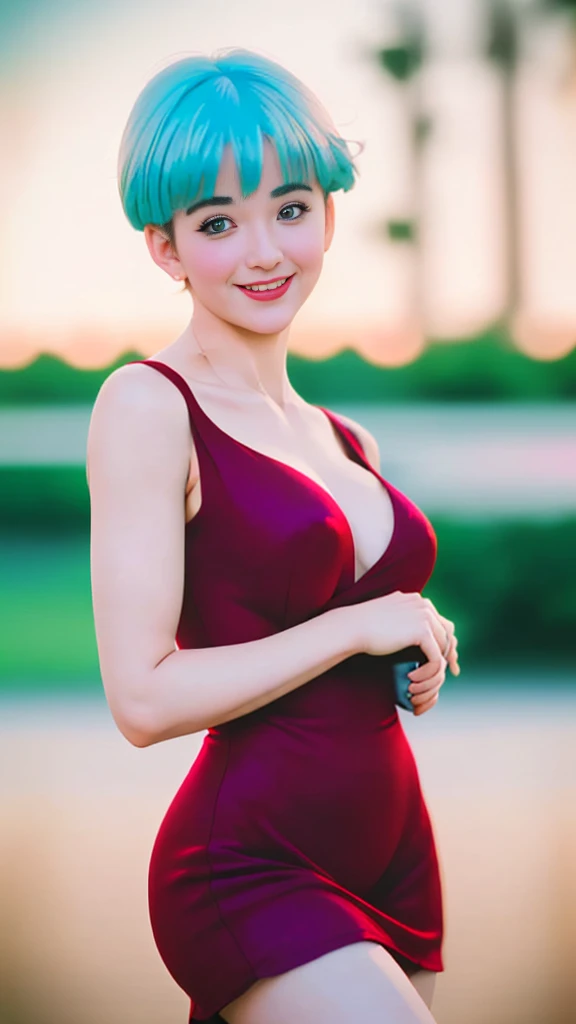 (Ultra realistic 16k), (extremely complex:1.3), (realistic), very white tall girl, seductive face, happy eyes, blushing cheeks, beautiful smile, sexy hot, short cyan blue hair, sexy pink dress, pale skin, sexy cleavage, narrow waist, hot hips, beautiful ho...