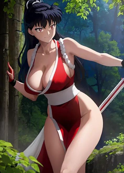 masterpiece, best quality, Kagome Higurashi, 25 years old, large breasts, cleavage, very busty, big hips, She stands tall while wearing a red Kunoichi dress, pelvic curtain, arm guards and gloves. shes looking directly at the camera with an confident smirk...