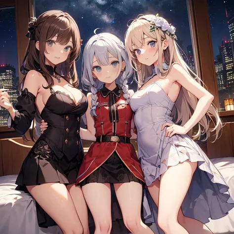 A group of young princesses, (in bedroom), various hair styles, harem, wearing royal dress, night, details face, , short skirt, seducing, sleeveless , showing armpits, night, starry night