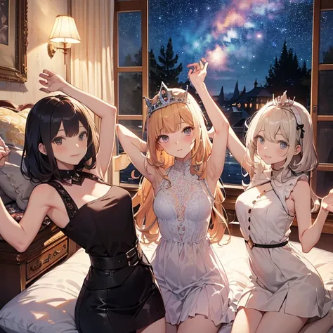 A group of young princesses, (in bedroom), various hair styles, harem, wearing royal dress, night, details face, , short skirt, seducing, sleeveless , showing armpits, night, starry night