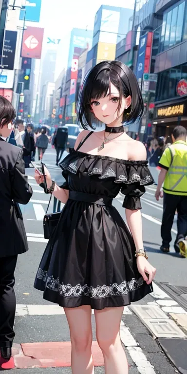 25 year old girl, born, Beautiful woman, (short black hair), ((painting)), ((detailed face: 1.2)), Short dresses、Shoulders are sticking out、silver decoration、black hair、beautiful face、high heels、a little embarrassing、Shibuya、In town、meeting