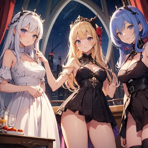 A group of young princesses, (in bedroom), various hair styles, harem, wearing royal dress, night, details face, , short skirt, seducing, sleeveless , showing armpits, night, starry night