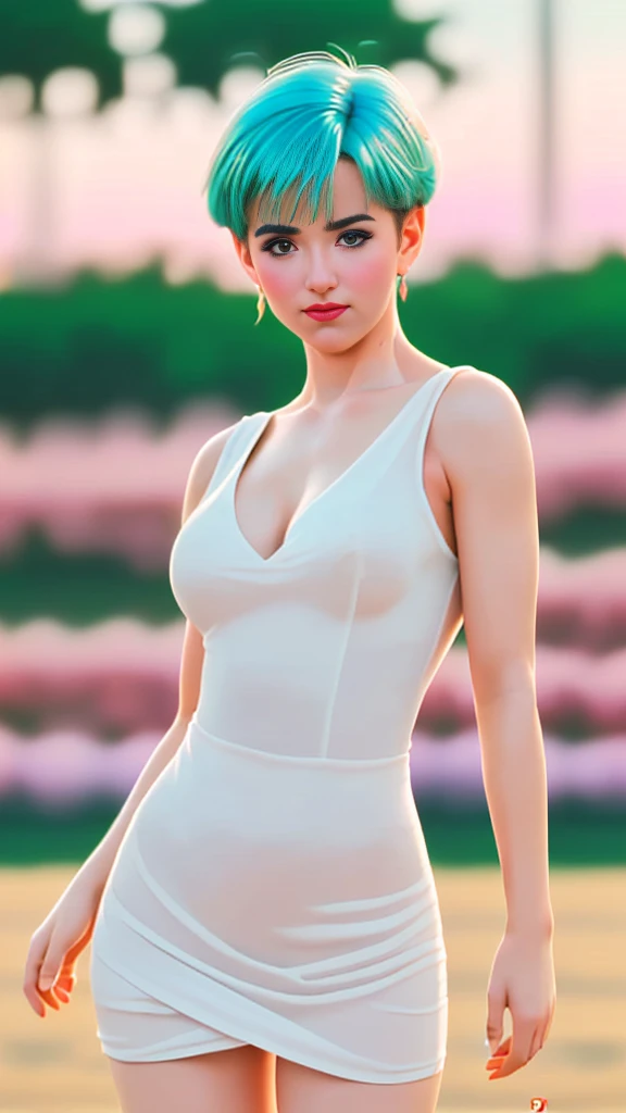 (Ultra realistic 16k), (extremely complex:1.3), (realistic), very white tall girl, seductive face, sexy eyes, blushing cheeks, beautiful, sexy hot, short cyan blue hair, sexy dress, pale skin, sexy cleavage, narrow waist, hot hips, beautiful hot legs, 25 y...