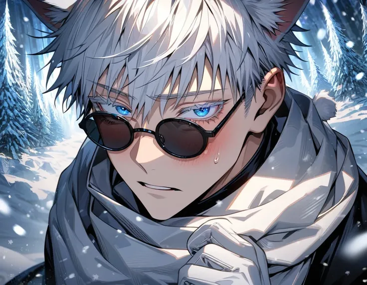 Ultra detailed, highres, absurdres, HDR, Gojou Satoru, white hair with bangs, blue eyes, white eyelashes, black round sunglasses, white cat ears, 1 man only, handsome, Jujutsu Kaisen, snowing, snowflakes, ice forest, white scarf, black butler clothes, blus...