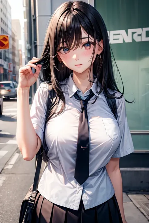 girl,(blush:1.1),{(black hair:1.2),(medium hair:1.5),(straight hair:1.5),hair between eyes},(huge breasts:1.1 ),{school uniform,short sleeve shirt,school skirt,(tie:1.2)},arm up,(fine eyes and skin:1.4),(detailed facial features:1.4),(perfect style),(beaut...