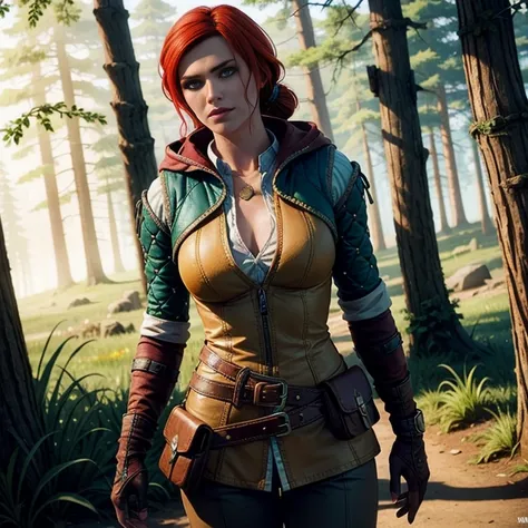 triss merigold, in forest, red hair, gloves, white striped shirt, belt, pants, hood, fingerless gloves, pouch, belt pouch, (intr...