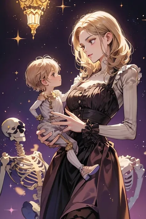 Skeleton Mom is a skeleton who wears a purplish-brown Victorian-style dress and has boots. Her bones are white, unlike her babys gold ones. SPARKLE; GLITTER