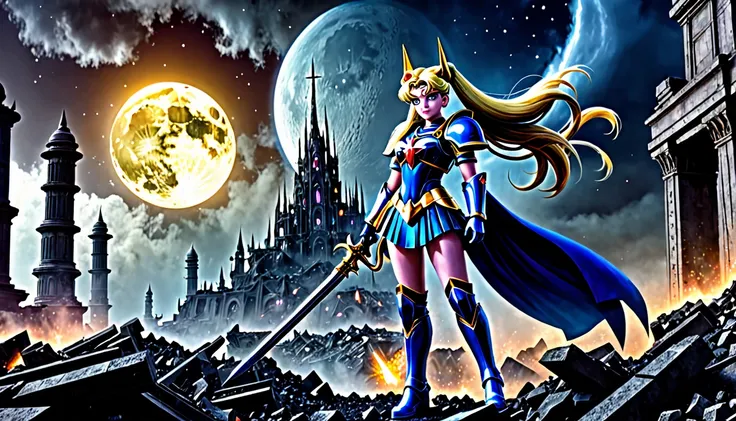 (best quality,highres,masterpiece:1.2),ultra-detailed,realistic:1.37,Space marine legion,Sailor Moon themed,war scenery,battle,explosions,chaos,combat action,effective weapons,armor plated,great power,brutal fights,heroic poses,commanding officers,alien cr...