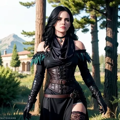 yennefer, in forest, long hair, black hair, purple eyes, scarf, black dress, bare shoulders, feathers, thighhighs, gloves, boots...