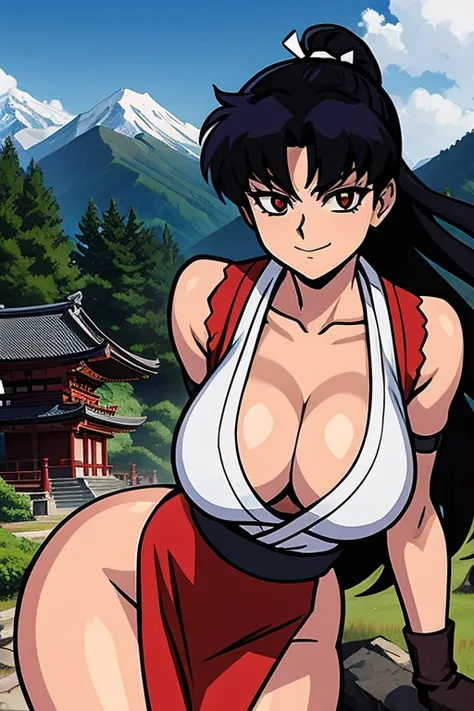 masterpiece, best quality, Kagome Higurashi, 25 years old, large breasts, cleavage, very busty, big hips, She stands tall while wearing a red Kunoichi dress, pelvic curtain, arm guards and gloves. shes looking directly at the camera with an confident smirk...