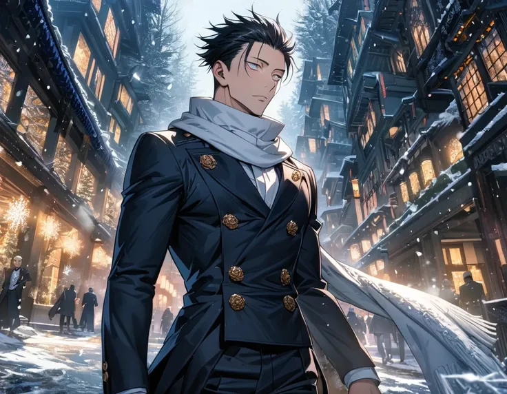 Ultra detailed, highres, absurdres, HDR, Suguru Geto, black hair, handsome, Jujutsu Kaisen, snowing, snowflakes, ice forest, white scarf, butler clothes, 1 man only