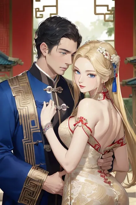 ((highest quality)), ((masterpiece)), (be familiar with), perfect face、perfect proportions
((blonde woman、Blue-eyed woman、semi-long、Ancient Chinese imperial concubine、Ancient Chinese wedding dress、luxury jewelry))
wedding style、Cuddling up to a middle-aged...