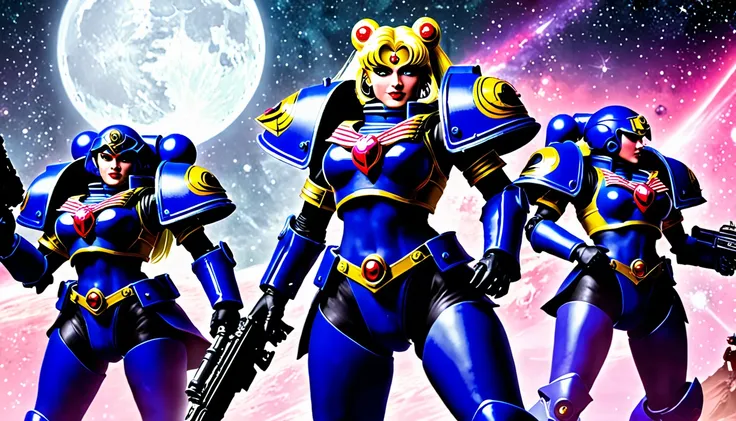 In Warhammer 40k, a Space marine legion is themed after Sailor Moon, show space marines in the thick of battle with her color scheme