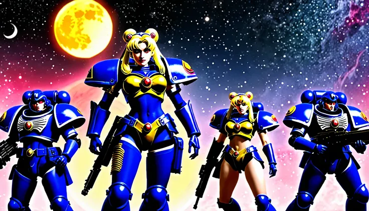 In Warhammer 40k, a Space marine legion is themed after Sailor Moon, show space marines in the thick of battle with her color scheme