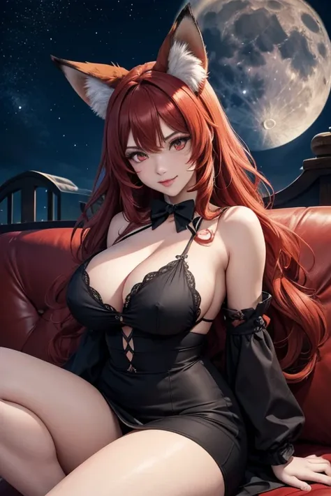 artwork, Best quality, detailed, 1 fox girl, long wavy hair, red hair, fox ears, red eyes, thin lips, round face, big breasts, wide hips, big pompous fox tail, alone, night sky, outdoor, full moon, stars, clouds, night, dark sakura, (black dress), evil smi...