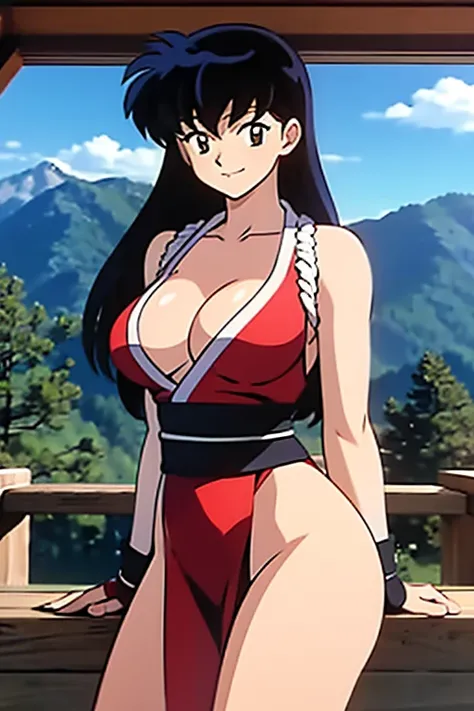 masterpiece, best quality, Kagome Higurashi, 25 years old, large breasts, cleavage, very busty, big hips, She stands tall while wearing a red Kunoichi dress, pelvic curtain, arm guards and gloves. shes looking directly at the camera with an confident smirk...