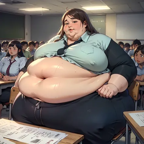 (masterpiece, best quality, highres, detailed, realistic:1.2), young woman, college girl, (morbidly obese:1.2), USSBBW, (fatblob:1.2), detailed face, beautiful face, sweaty, shy expression, sat at a desk, crowded classroom

