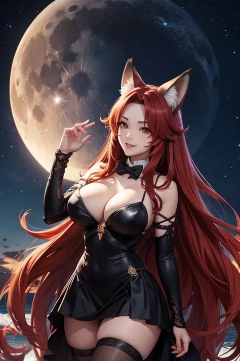 artwork, Best quality, detailed, 1 fox girl, long wavy hair, red hair, fox ears, red eyes, thin lips, round face, big breasts, wide hips, big pompous fox tail, alone, night sky, outdoor, full moon, stars, clouds, night,, dark sakura, (black dress), evil sm...