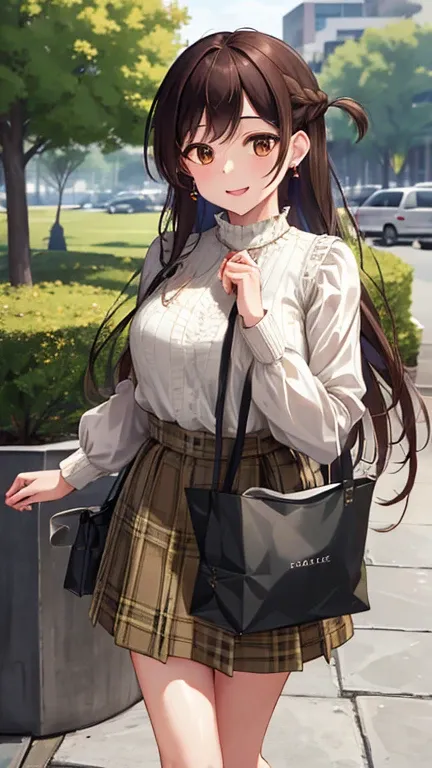 masterpiece, best quality, highres, chi1, 1girl, long hair, braid, one side up, solo, high neck plain white blouse, green plaid skirt knee length, bangs, outdoors, smile, earrings, holding a bag