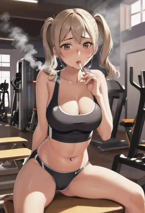 a gym girl smoking cigarettes rapidly while masturbating, the cigarette ash is very long, sucking very hard on the cigarette, pain, agony, busty, pigtails, bellybutton piercing