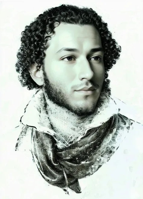 portrait of a man with a scarf, portrait of alexander pushkin, african facials features, (((curly hair))), ((sideburns)), (((mas...