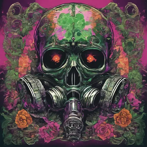 detalhes extremamente intrincados, depicting a skull fused to a gas machine with lots of radiation, perigo cerca arame enfarpado, nuclear toxico, armas quimicas cranio brilho verde plutoniocor predominante verde e roxo com preto e branco, with glowing mush...