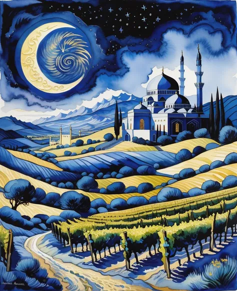 a fantasy landscape in a very dark blue color, van gogh style, Watercolor, trending on artstation, sharp focus, studio photo, intricate details, highly detailed, by greg rutkowski. During the period of ignorance, Umar was the harshest figure and really hat...