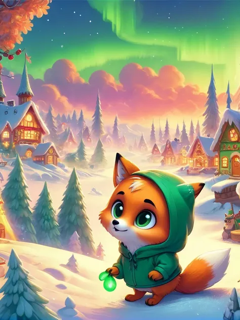 Cute little fox，Green eyes and a green hoodie，Orange claws，Winter Landscape，ski，The fox looks at the red sky，Christmas Village，Northern Lights，meteor，Warmth，bright colors，Great picture