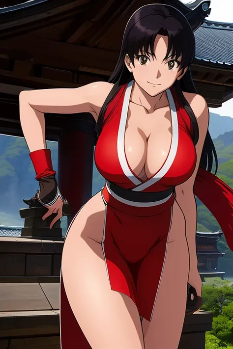 masterpiece, best quality, Kagome Higurashi, 25 years old, matured face, beautiful detailed eyes, ultra detailed eyes, extremely detailed face,  large breasts, cleavage, very busty, big hips, She stands tall while wearing a red Kunoichi dress, pelvic curta...