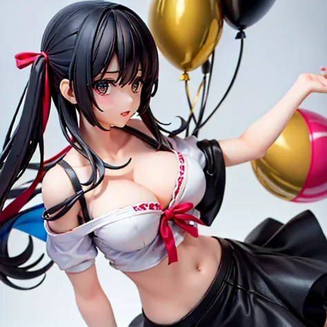   beautiful girl with black eyes and black hair with birthday balloons in her hands