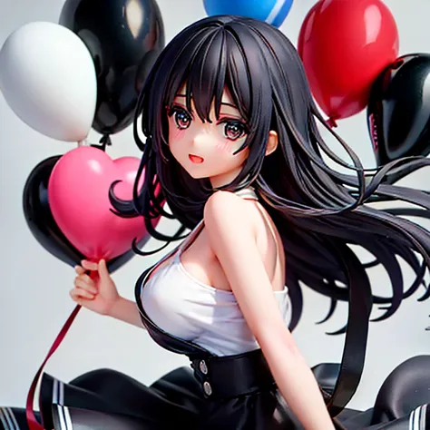   beautiful girl with black eyes and black hair with birthday balloons in her hands