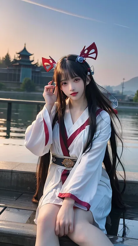 (8K, Raw photo:1.2), highest quality, ultra high resolution,elevation angle,(Detailed fluttering color splashes), (figure),(((1 girl))),(long hair),(rain:0.9), (headgear:1.4),Next to the girl is an ancient palace,Hanfu,(concentrated),Color ink painting,(Sp...