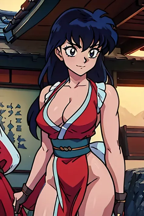 masterpiece, best quality, Kagome Higurashi, 25 years old, matured face, beautiful detailed eyes, ultra detailed eyes, extremely detailed face, large breasts, cleavage, very busty, big hips, She stands tall while wearing a red Kunoichi dress, pelvic curtai...