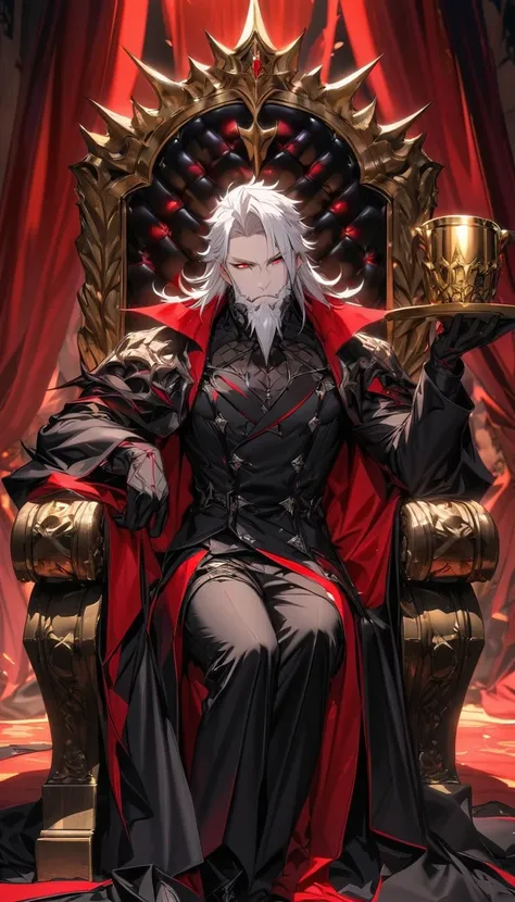 Ultra detailed, highres, absurdres, HDR, Deningrand Kain, white hair, red eyes, white beard, demon king, handsome, black demon clothes, sitting on a golden throne, holding a silver cup, red curtains, 1 man only,